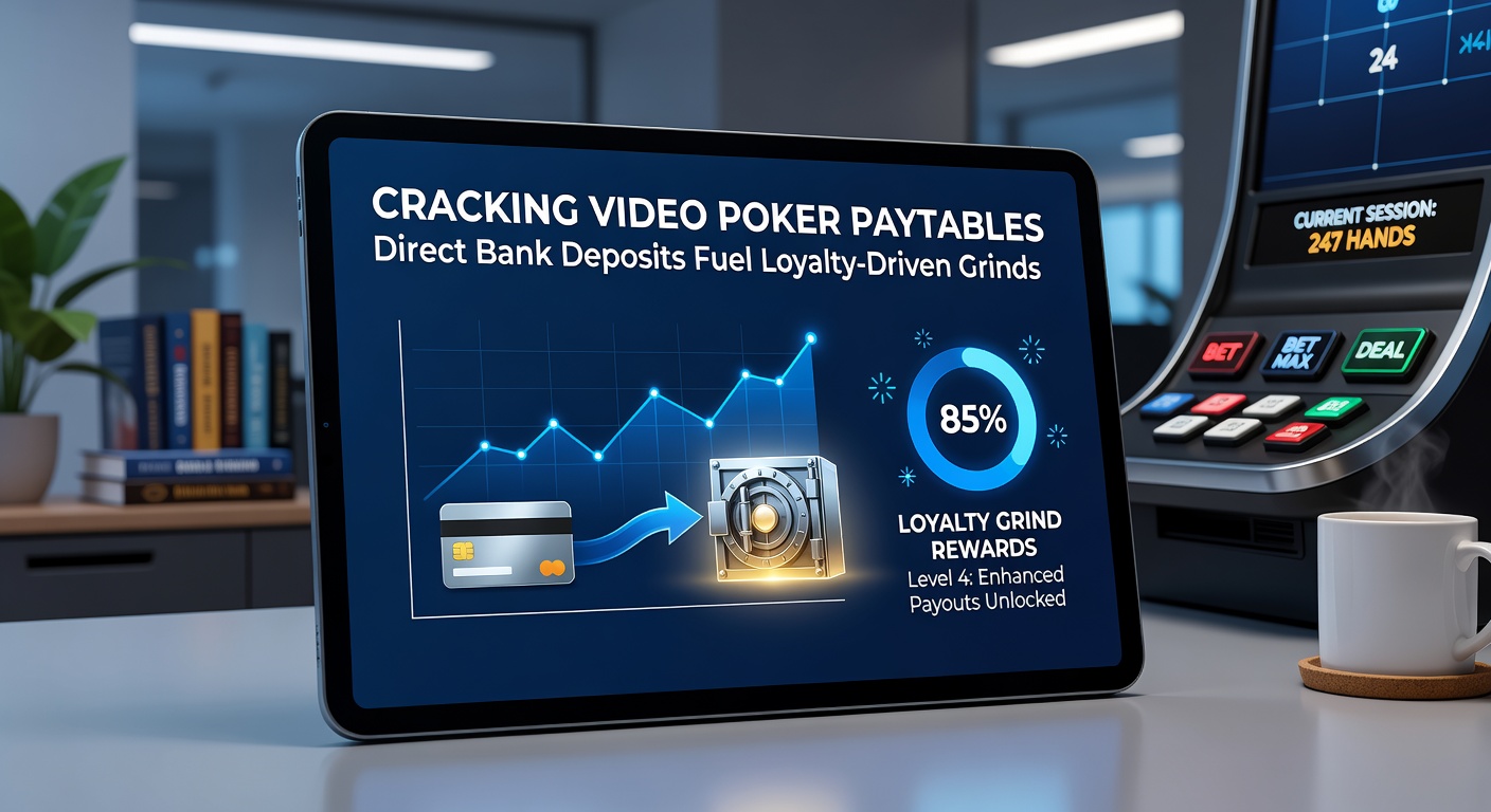 Darstellung eines Spielers am Laptop, der eine Video-Poker-Session mit Loyalty-Punkten und Bank-Transfer-Symbolen trackt, symbolisch für langfristige Grinds