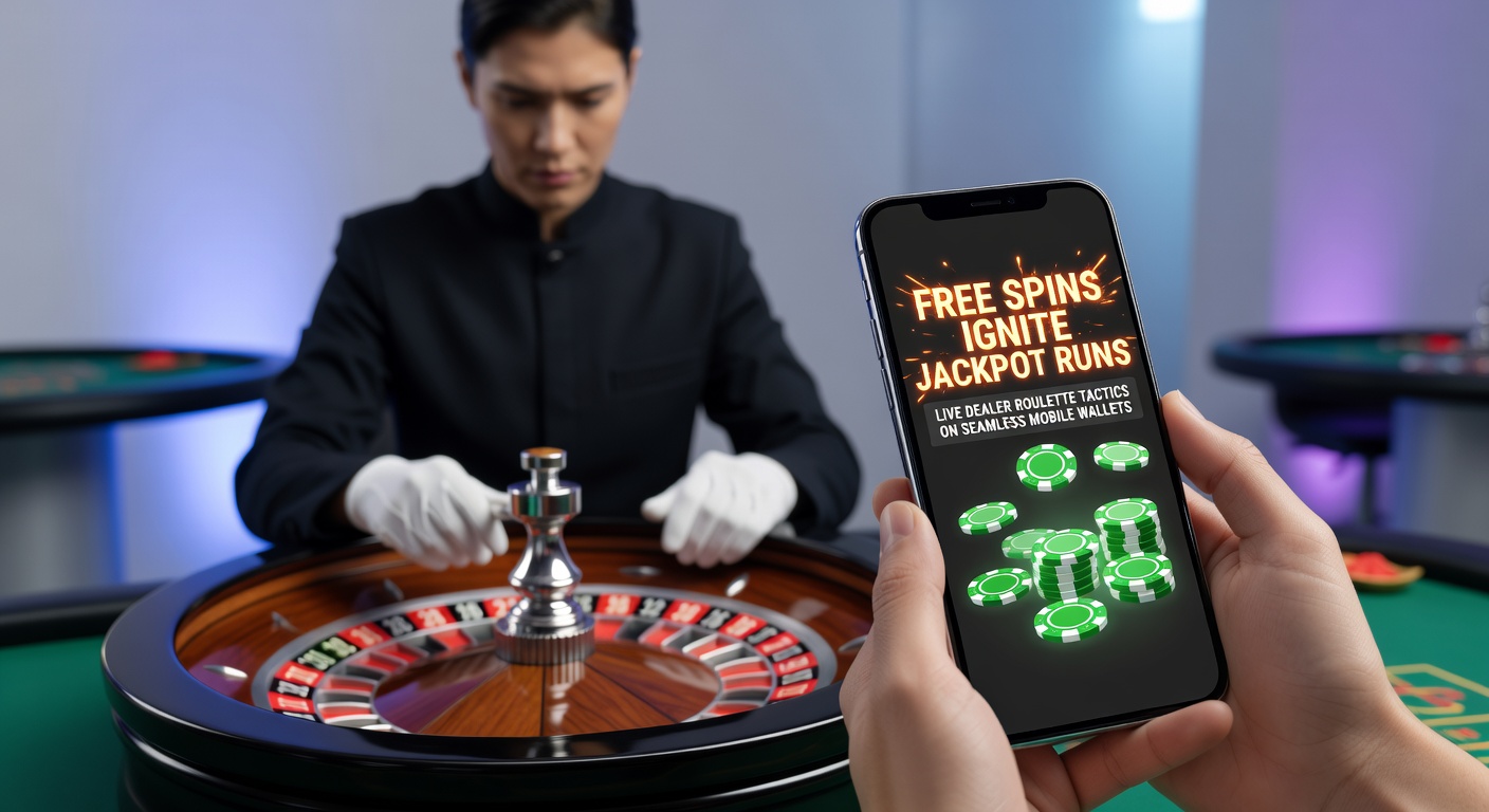 Live-Dealer-Roulette-Tisch mit Smartphone und Wallet-App im Vordergrund, die Free-Spins-Boni und Jackpot-Anzeigen zeigt
