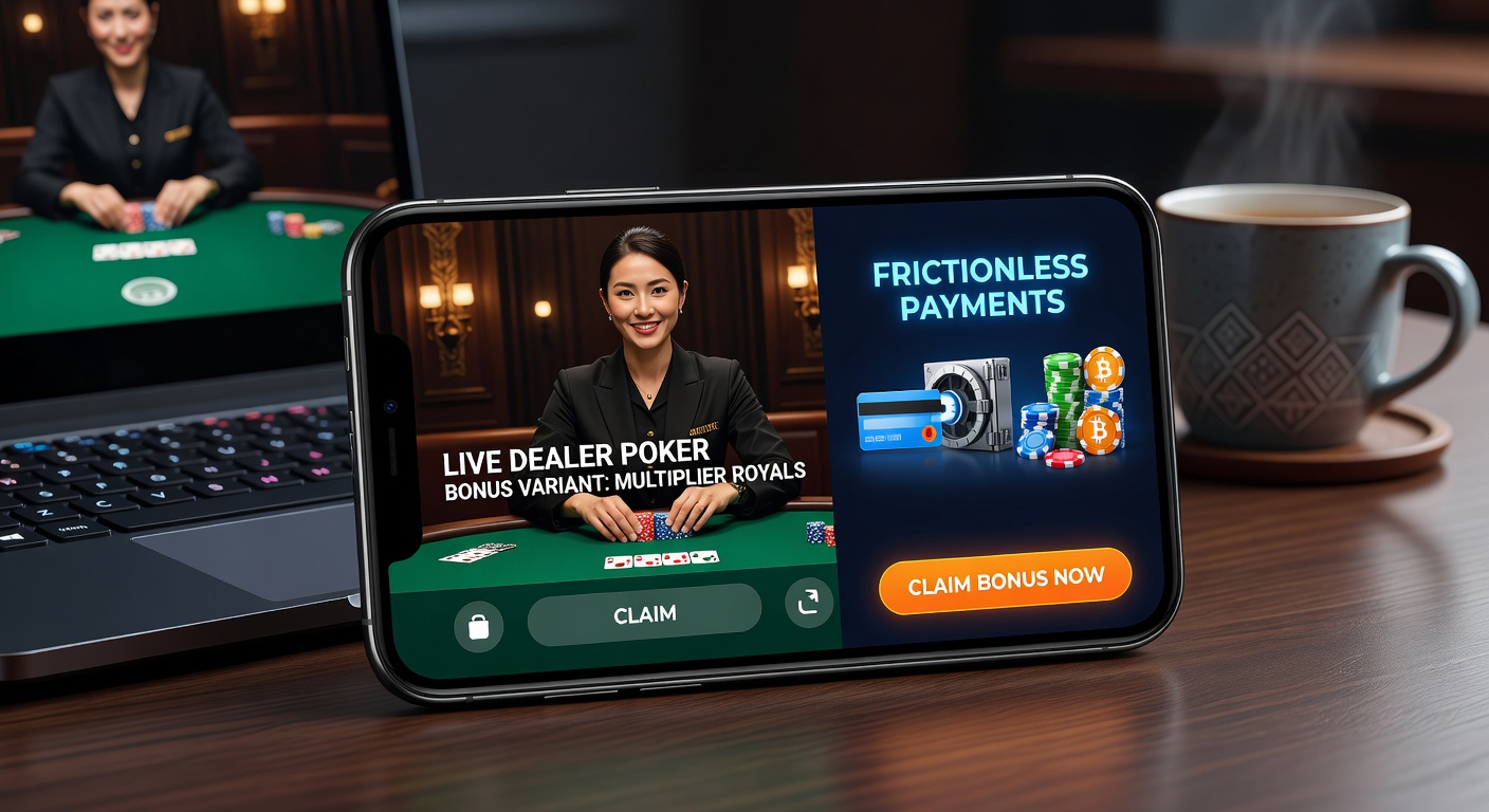Smartphone mit Live-Dealer-Poker-Tisch, umgeben von Bonus-Symbolen und Zahlungsikonen, die die Mobilität und Geschwindigkeit des Spiels betonen