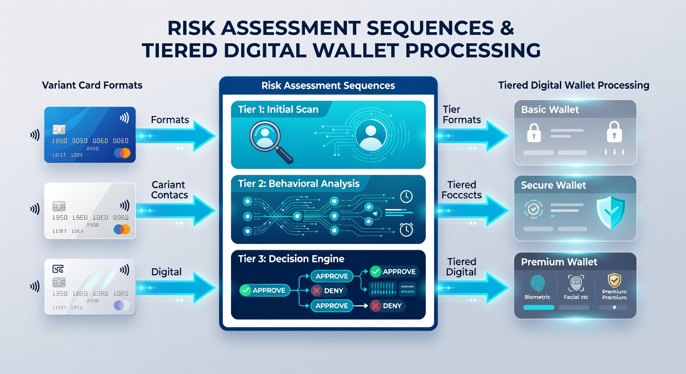 Illustration von gestuften Wallet-Prozessen und Risikoanalysen auf portablen Geräten in Kartenspielkontexten