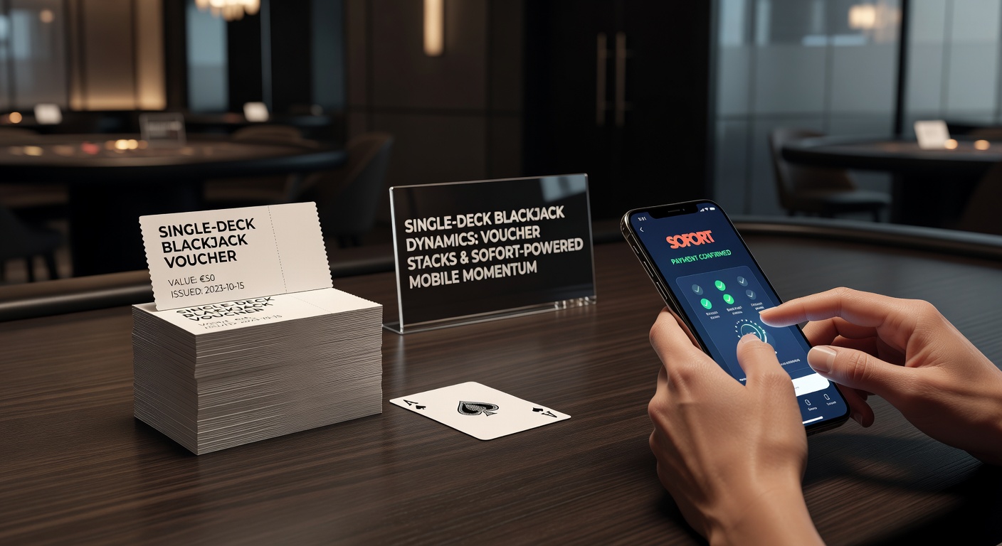 Mobile Blackjack-App im Action-Modus mit Sofort-Zahlungsinterface und Voucher-Stack-Overlay, das nahtlose Transaktionen zeigt