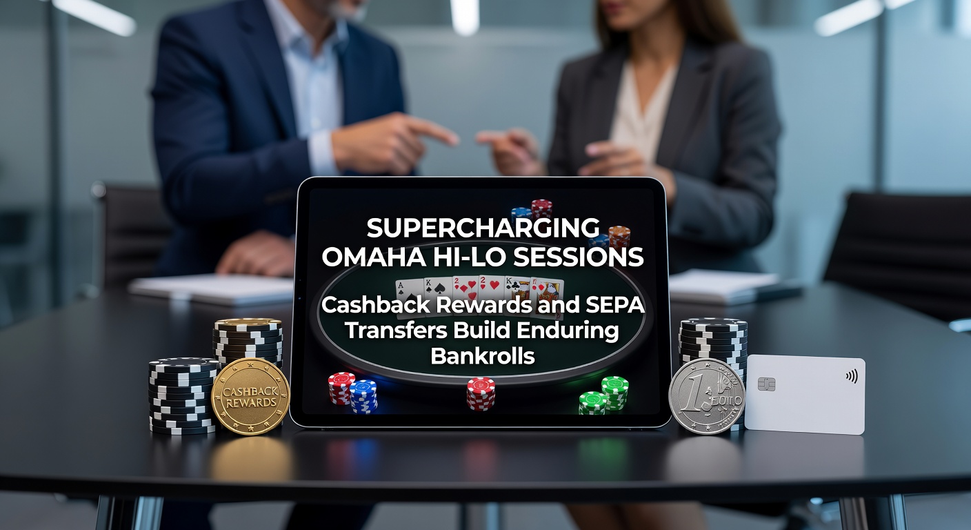 Spieler am Omaha Hi-Lo-Tisch mit Cashback-Symbolen und SEPA-Überweisungsikonen im Hintergrund, die stabile Bankroll-Wachstum illustrieren